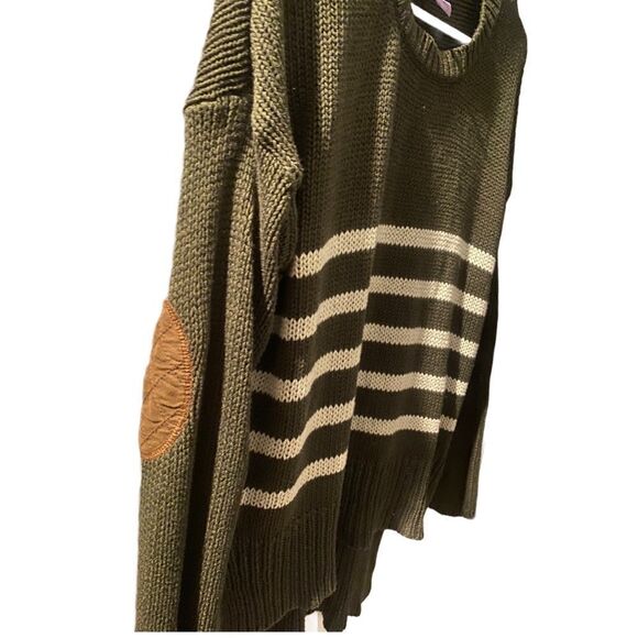 Alya Womens Hunter Green Knit Sweater with Cream Stripes, Leather Elbow … - Picture 2 of 10